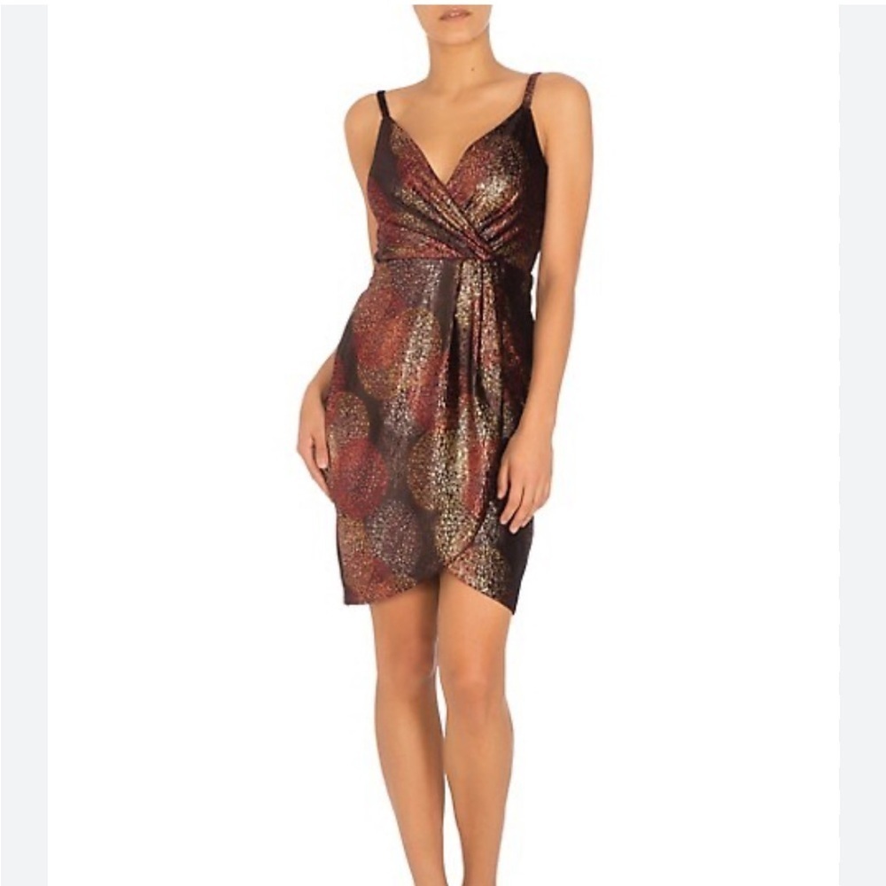 Guess Burgundy Metallic Foil Print Faux Wrap Dress w/ Tulip Hem - Size 2